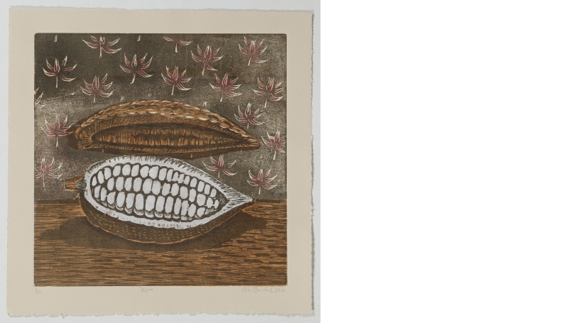 A brown, tan, and cream print of an open cocoa pod. The background is brown with reddish flowers.