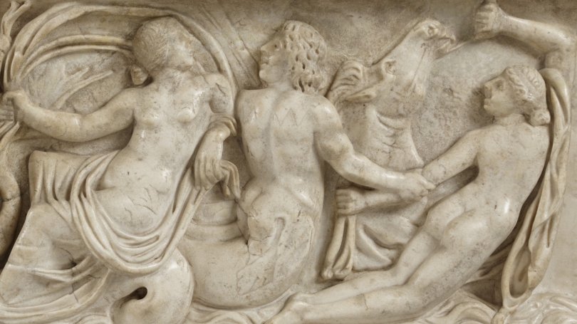 Early Antonine, Sarcophagus Fragment with Eros, Three Nereids, a Triton, a Ichthyocentaur, and a Hippocamp (detail), about 140-160, Marble. Hood Museum of Art, Dartmouth: Purchased through the Hood Museum of Art Acquisitions Fund; S.977.21.