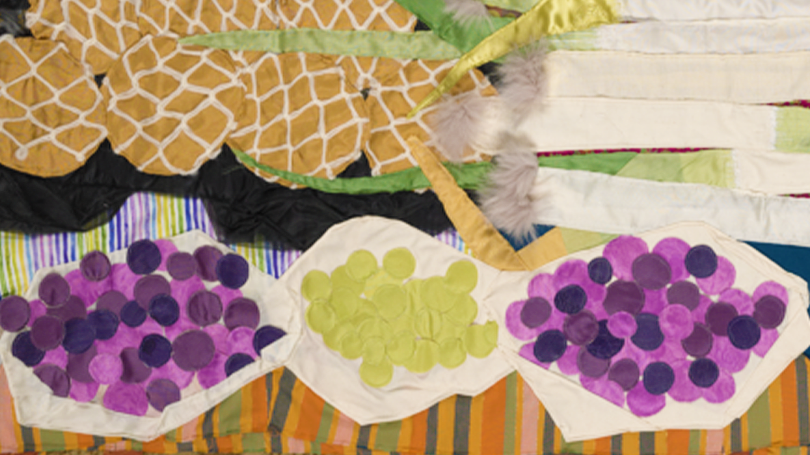 A close up of "Shijang: ChungGwaMul." Purple and green grapes are visible and woven into the quilt.