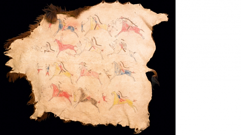 Sioux painted pictorial buffalo robe, dated about 1870–80, depicting the war exploits of intertribal conflict (Sioux warriors fighting Crow warriors, who are recognizable by their hairstyles and attire).