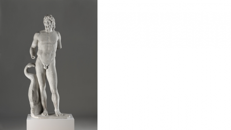 Roman (after Classical Greek original), statue of Poseidon/Neptune alongside dolphin, 1st century CE (Flavian [69–96 CE]?), marble. Tampa Museum of Art, Joseph Veach Noble Collection 1986.135.