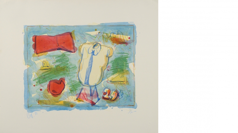 Claes Thur Oldenburg, Store Window: Bow, Hats, Heart, Shirt, 29 [cents], 1973, Ten color lithograph on J. Green paper, Museum Purchase; PR. 975.69. © Claes Oldenburg
