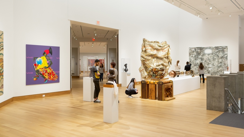 Looking across three renovated upstairs galleries in the Hood Museum of Art, featuring contemporary African art, Melanesian art, and contemporary Aboriginal Australian art. Photo by Rob Strong.