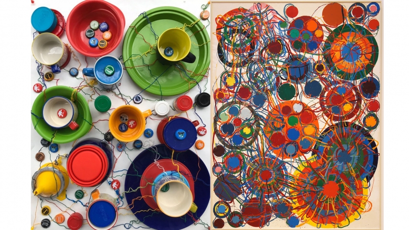 Katie McCabe '21 recreated Atsuko Tanaka's Work (1966) with plates, mugs, bowls, bottle caps, and wire.