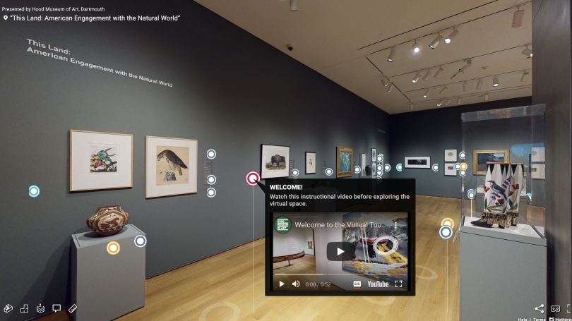 Computer screenshot of a 3D virtual tour of a physical exhibition of Euro-American, Indigenous American, and Black American art.