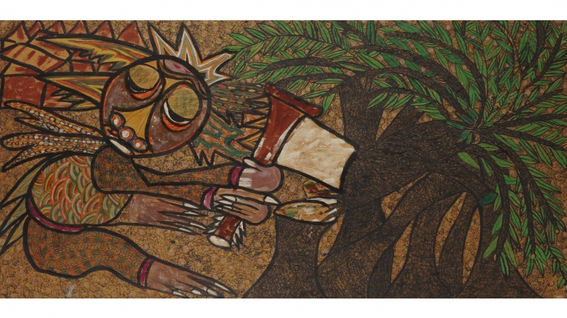 Twins Seven Seven, Untitled (Figure Cutting Down Tree), 1970s, acrylic and felt-tipped pen on plywood. Gift of Edward B. Marks, President, Class of 1932, in memory of Tom Marks, Class of 1965; D.2003.21.1. Photo by Jeffrey Nintzel.