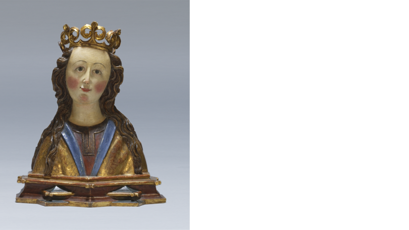 Unknown Tyrolean or Swabian sculptor, reliquary bust of a crowned saint, about 1500, polychromed and gilded wood.