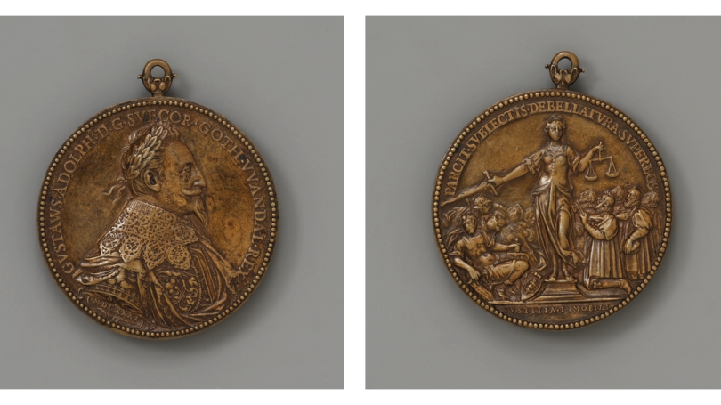 a pendant featuring King Gustavus Adolphus of Sweden (obverse); Justice with the Vanquished and Penitent (reverse)