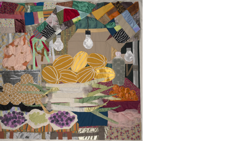 A quilt that features various fabric pieces and mixed media arranged to depict a market scene with different fruits and vegetables, light bulbs, and other market items. 