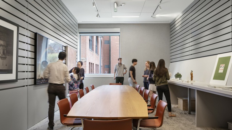 A Dartmouth professor holds class in one of three smart classrooms within the Bernstein Center for Object Study. 