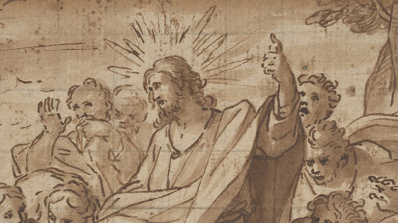 a close up of "The Raising of Lazarus." Jesus Christ is visible glowing with a halo around His head.