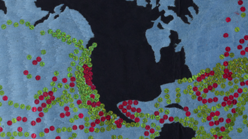 A close up of "Water Labor." The close up features the North American continent surrounded by red and green sequins.