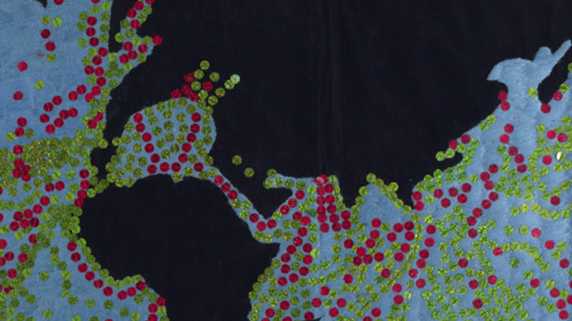 A close up of "Water Labor." The close up features the Africa and Asia surrounded by red and green sequins.