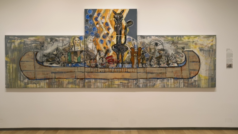Jaune Quick‑to‑See Smith, Trade Canoe: Forty Days and Forty Nights, 2015, acrylic, paper collage, crayon, and marker on canvas. Lent by Judith Liff Barker and Joseph N. Barker, Class of 1966, and the Judy and Noah Liff Foundation. Photo by Brian Wagner.