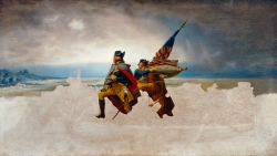 An unfinished painting of George Washington crossing the Deleware River.