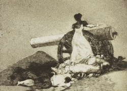 A black and white print depicting a battle. In the image a woman is working a cannon as wounded and dying men are strewn on the ground around her. The female figure is in a long white dress and is facing away from the viewer.