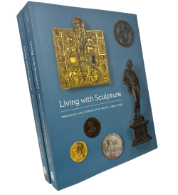 "Living with Sculpture" exhibition catalogue cover featuring multiple sculptures made of gold, bronze, and other metals.