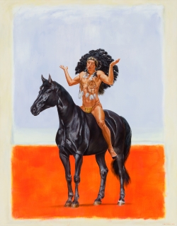 A painting of an Indigenous North American person on horseback wearing a large feather head dress shrugs at the viewer. The horse and figure are painting atop of a modernist abstract colorfield painting by Mark Rothko.